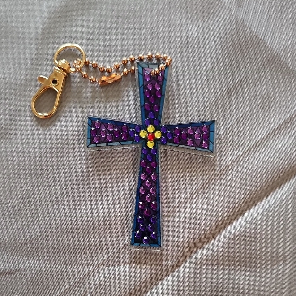 Double Sided Purple Rhinestone Cross Keychain - Picture 2 of 2